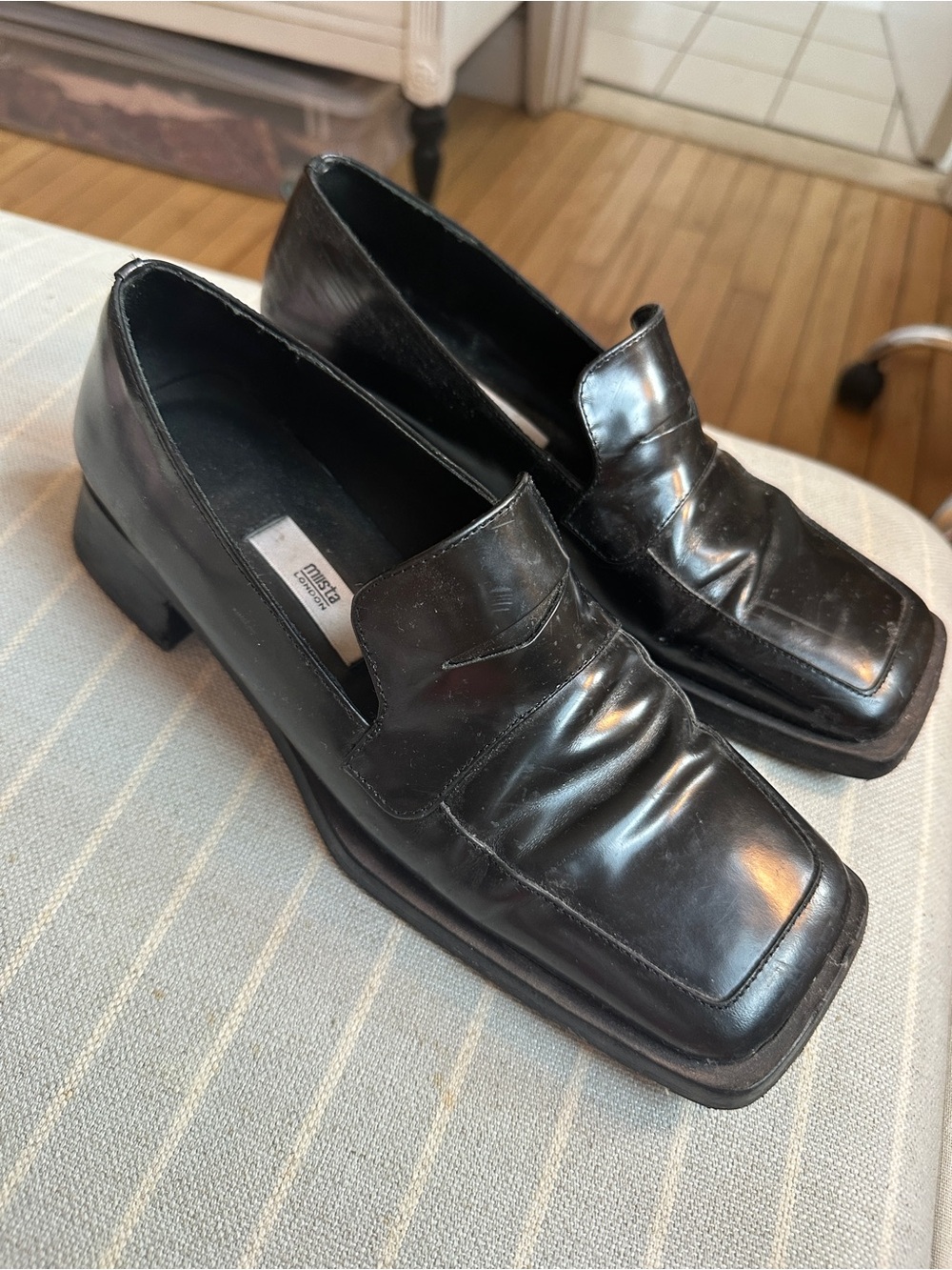Miista Black Square-Toe Leather Loafers